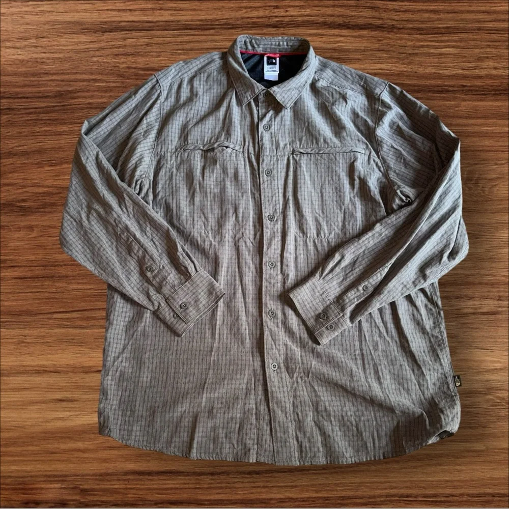 The North Face Button Up Stripes‎ Brown Shirt Zip Pocket Long Sleeve Sz XL